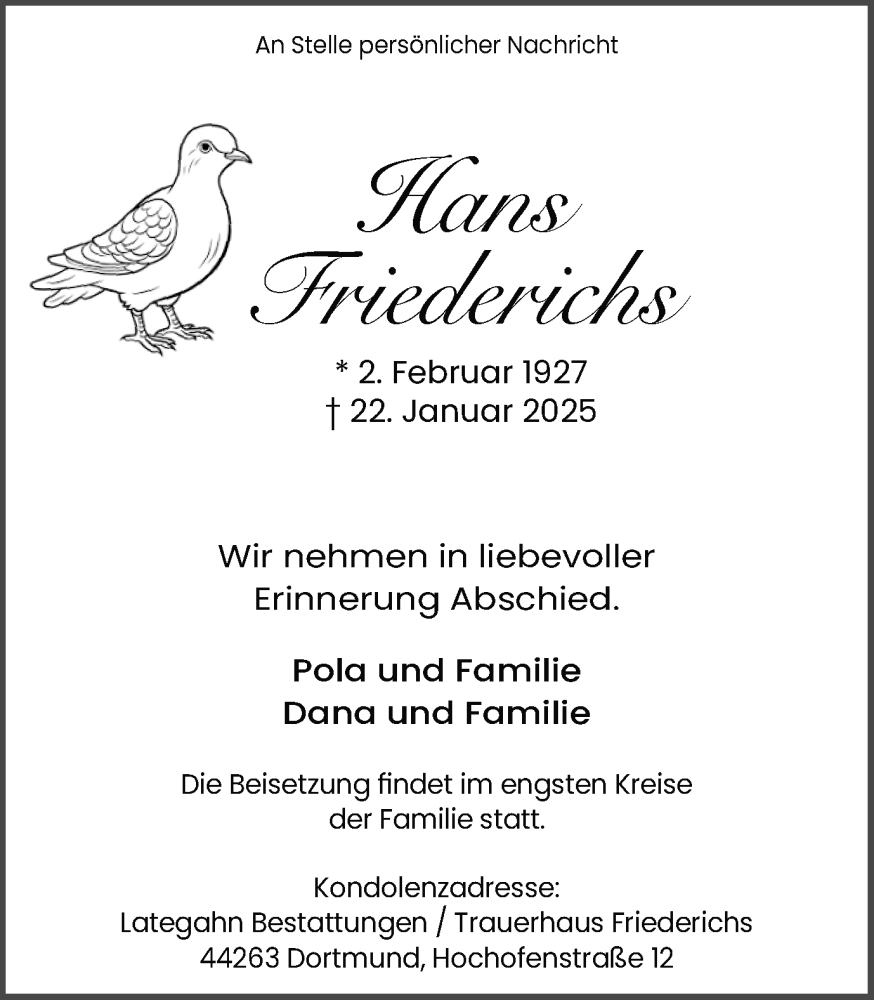  Traueranzeige für Hans Friederichs vom 01.02.2025 aus Ruhr Nachrichten