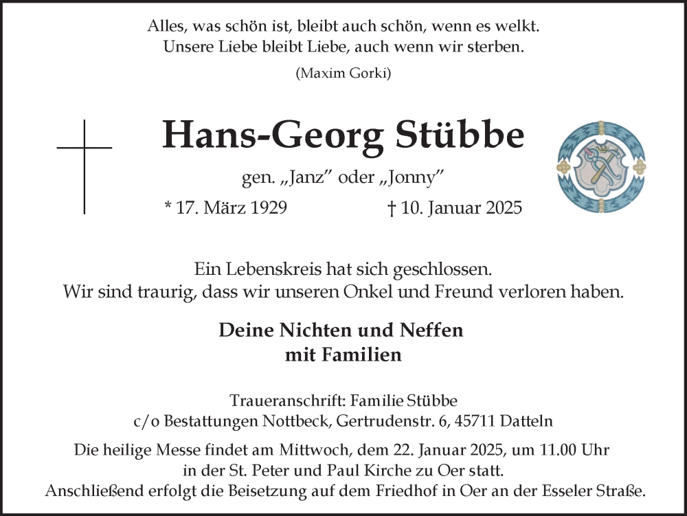  Traueranzeige für Hans-Georg Stübbe vom 18.01.2025 aus Trauer Vest