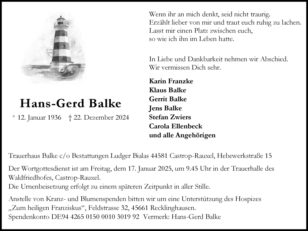  Traueranzeige für Hans-Gerd Balke vom 11.01.2025 aus Stadtanzeiger Castrop-Rauxel