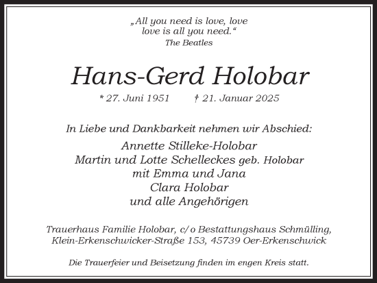 Traueranzeige von Hans-Gerd Holobar von Trauer Vest