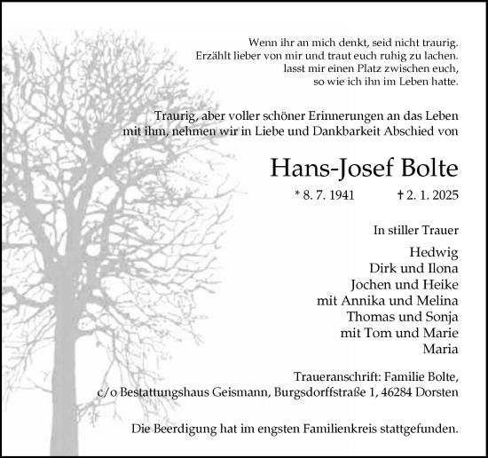 Traueranzeige von Hans-Josef Bolte von Ruhr Nachrichten und Dorstener Zeitung