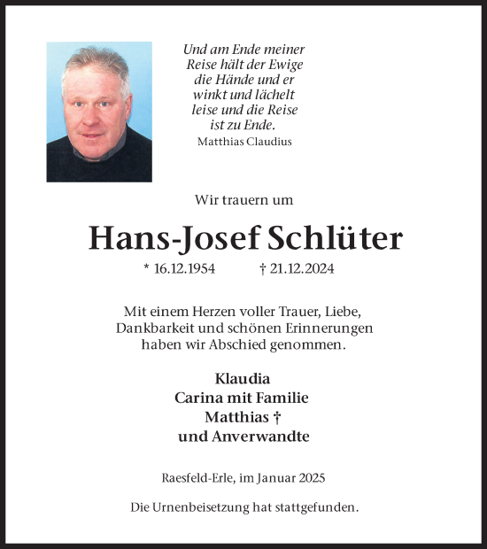 Traueranzeige von Hans-Josef Schlüter von Ruhr Nachrichten und Dorstener Zeitung