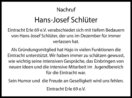 Traueranzeige von Hans-Josef Schlüter von Ruhr Nachrichten und Dorstener Zeitung