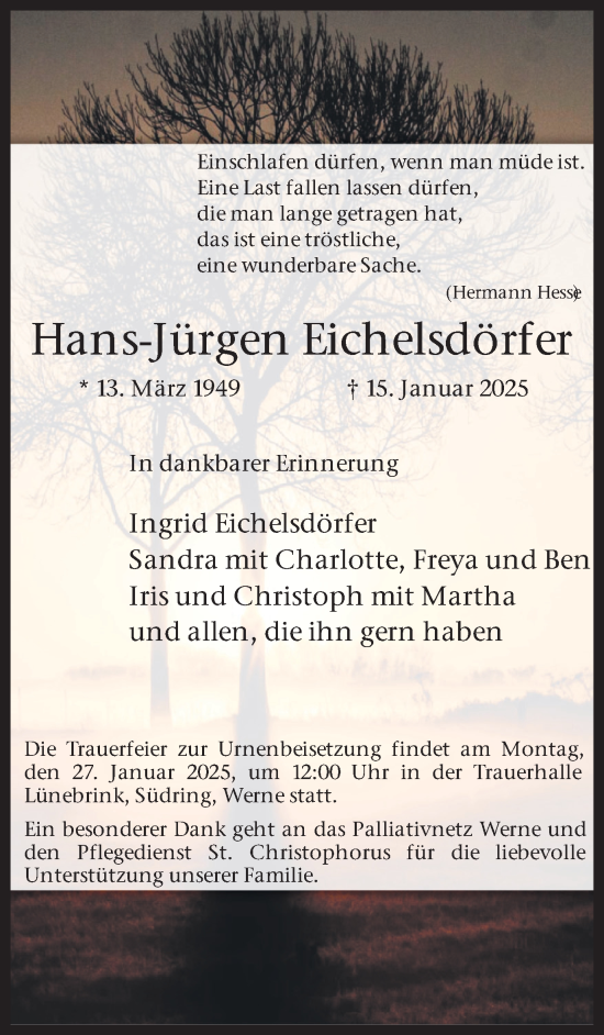 Traueranzeige von Hans-Jürgen Eichelsdörfer von Ruhr Nachrichten