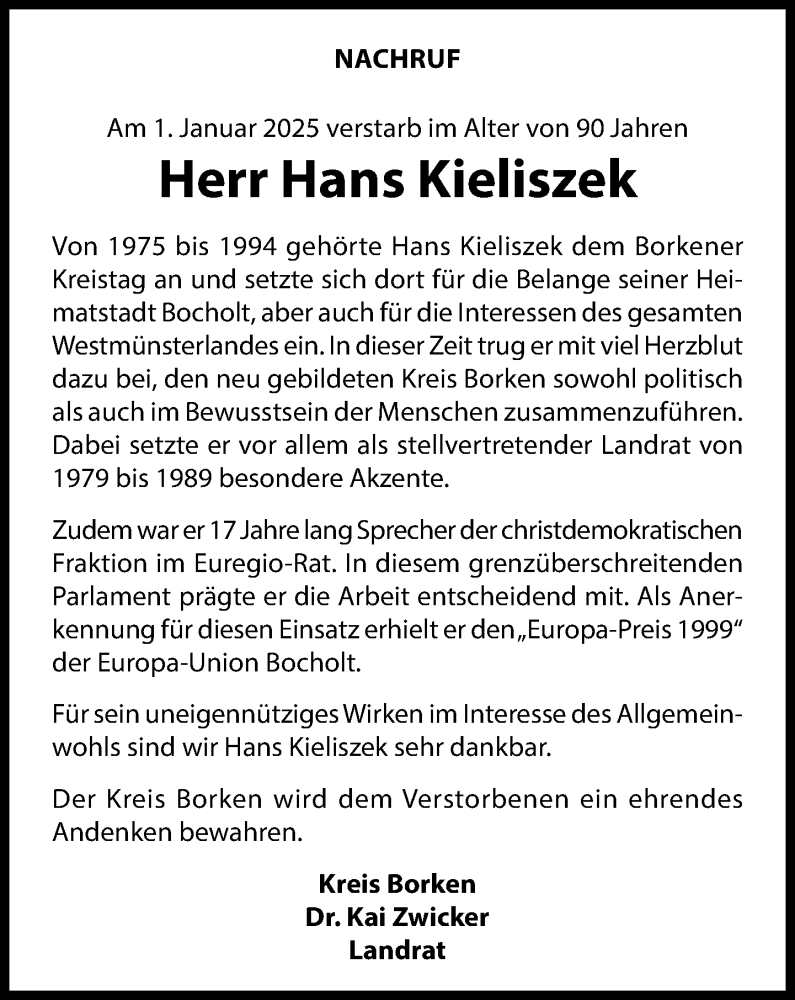  Traueranzeige für Hans Kieliszek vom 24.01.2025 aus 
