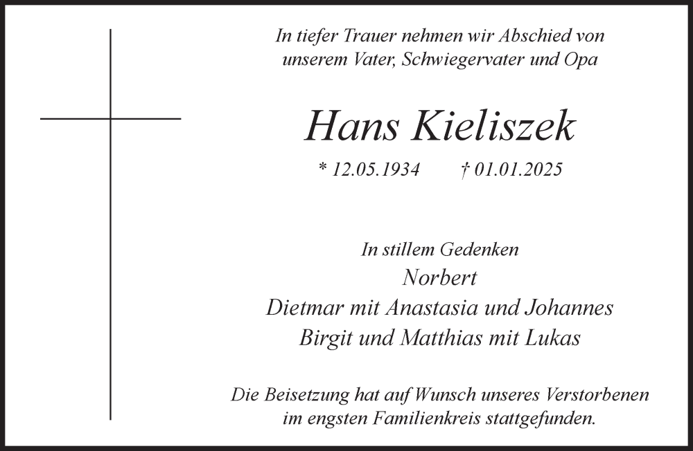  Traueranzeige für Hans Kieliszek vom 18.01.2025 aus 