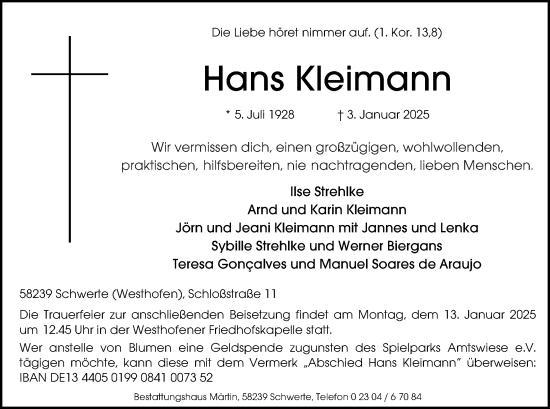 Traueranzeige von Hans Kleimann von Ruhr Nachrichten
