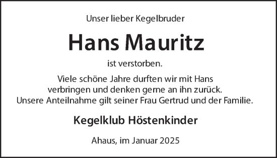 Traueranzeige von Hans Mauritz von Münsterland Zeitung