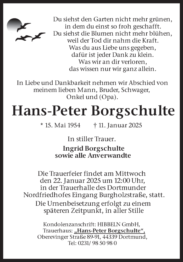  Traueranzeige für Hans-Peter Borgschulte vom 18.01.2025 aus Ruhr Nachrichten