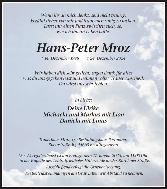 Traueranzeige von Hans-Peter Mroz von Trauer Vest