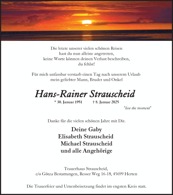 Traueranzeige von Hans-Rainer Strauscheid von Trauer Vest