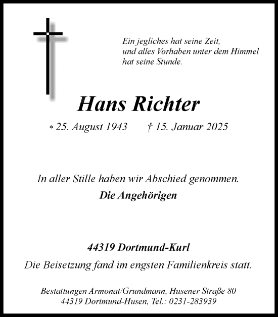 Traueranzeige von Hans Richter von Ruhr Nachrichten