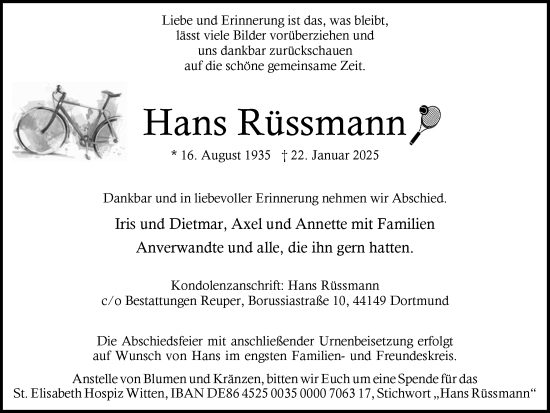 Traueranzeige von Hans Rüssmann von Ruhr Nachrichten