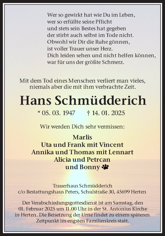 Traueranzeige von Hans Schmüdderich von Trauer Vest