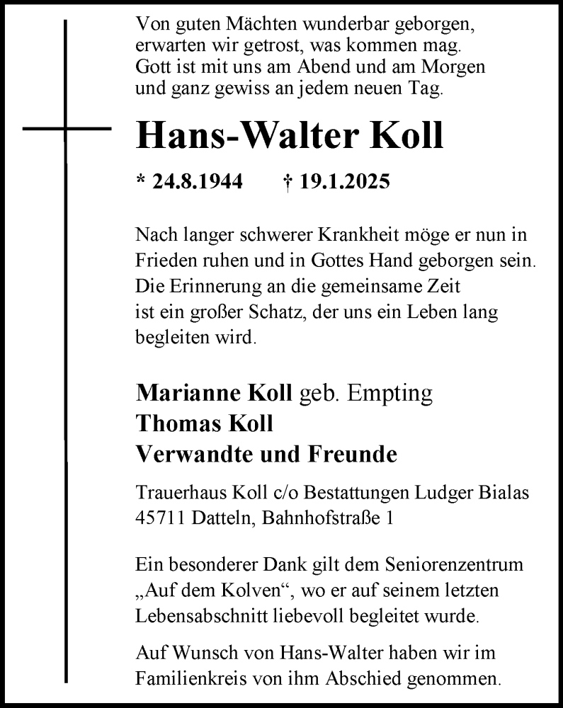  Traueranzeige für Hans-Walter Koll vom 29.01.2025 aus Trauer Vest