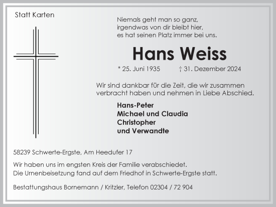 Traueranzeige von Hans Weiss von Ruhr Nachrichten