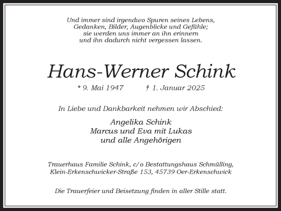 Traueranzeige von Hans-Werner Schink von Trauer Vest