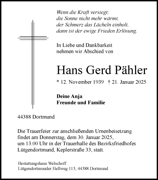 Traueranzeige von Hans Gerd Pähler von Ruhr Nachrichten