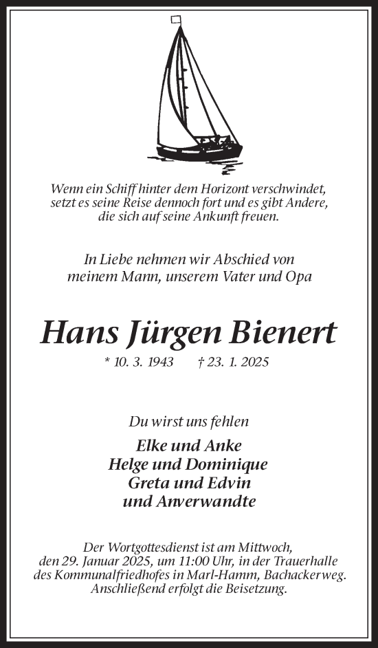 Traueranzeige von Hans Jürgen Bienert von Trauer Vest