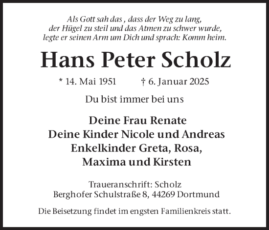 Traueranzeige von Hans Peter Scholz von Ruhr Nachrichten