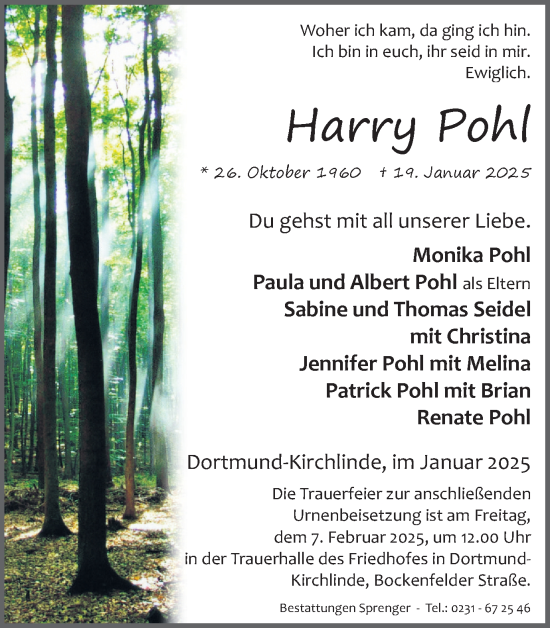 Traueranzeige von Harry Pohl von Ruhr Nachrichten