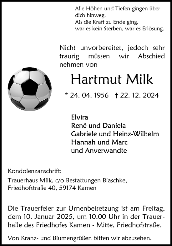 Traueranzeige von Hartmut Milk von Hellweger Anzeiger