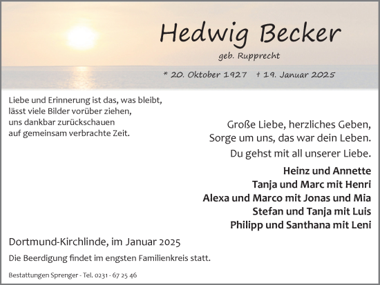 Traueranzeige von Hedwig Becker von Ruhr Nachrichten