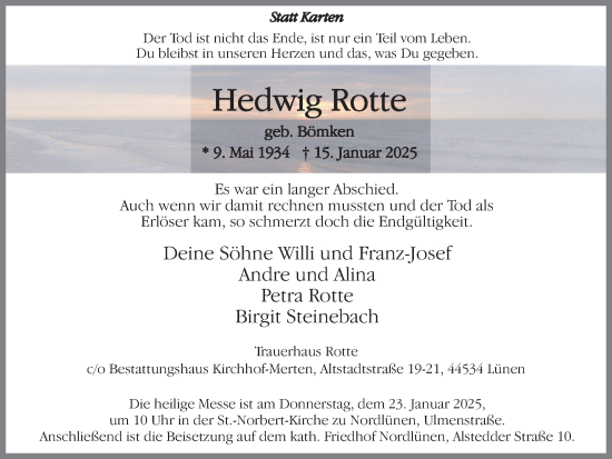 Traueranzeige von Hedwig Rotte von Ruhr Nachrichten