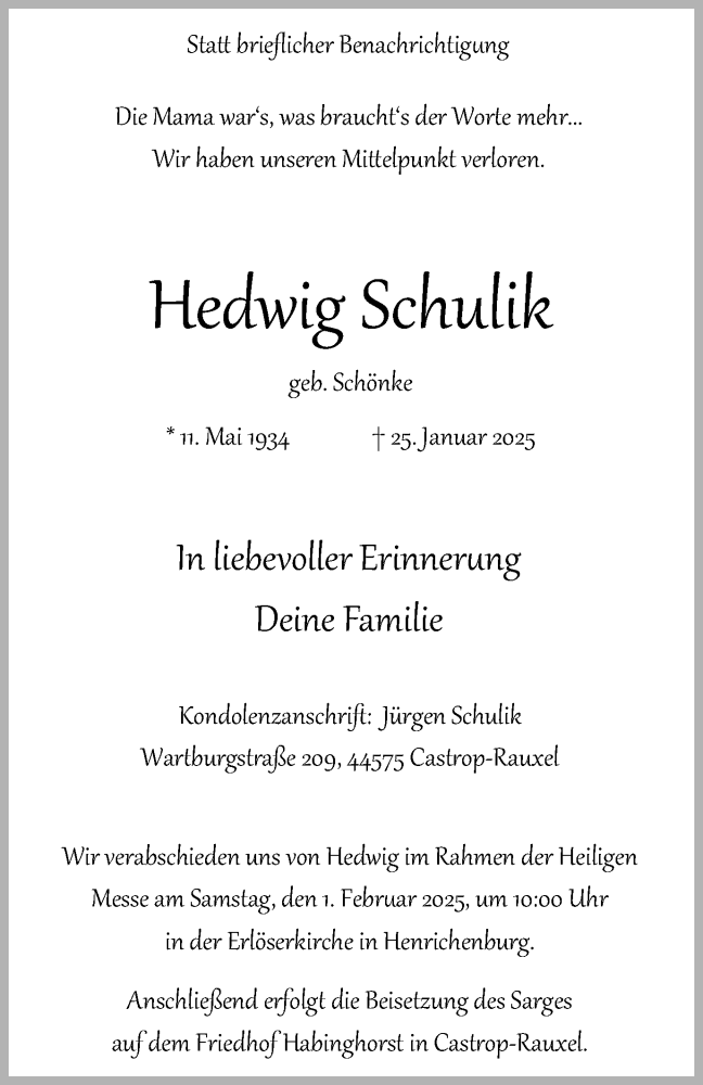  Traueranzeige für Hedwig Schulik vom 01.02.2025 aus Stadtanzeiger Castrop-Rauxel