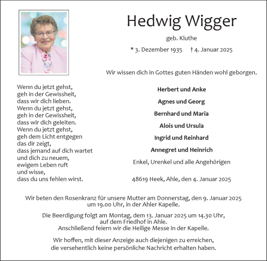 Traueranzeige von Hedwig Wigger von Münsterland Zeitung