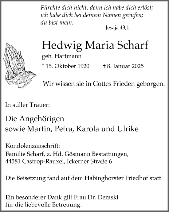 Traueranzeige von Hedwig Maria Scharf von Stadtanzeiger Castrop-Rauxel