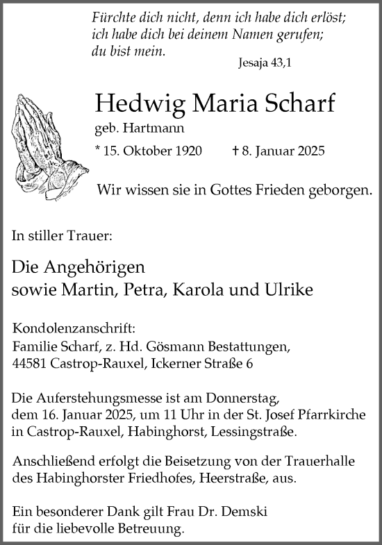 Traueranzeige von Hedwig Maria Scharf von Ruhr Nachrichten