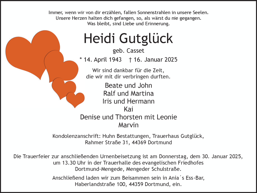  Traueranzeige für Heidi Gutglück vom 25.01.2025 aus Ruhr Nachrichten