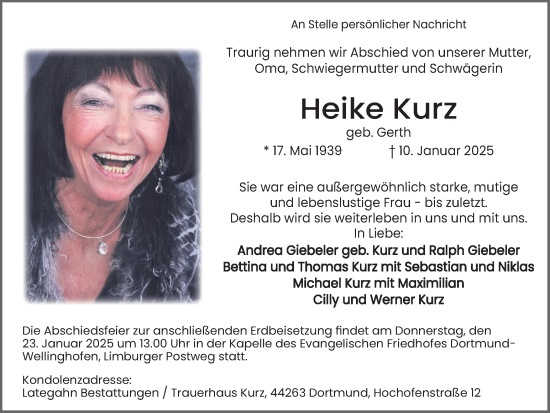 Traueranzeige von Heike Kurz von Ruhr Nachrichten