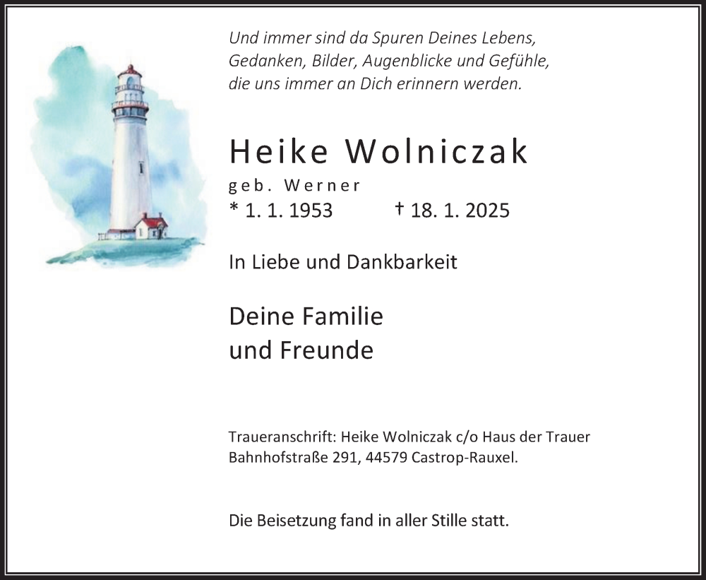  Traueranzeige für Heike Wolniczak vom 01.02.2025 aus Stadtanzeiger Castrop-Rauxel