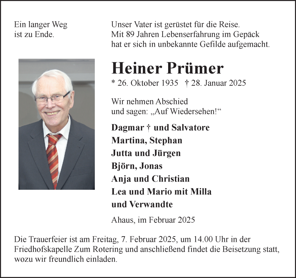  Traueranzeige für Heiner Prümer vom 01.02.2025 aus Münsterland Zeitung