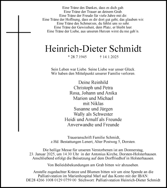 Traueranzeige von Heinrich-Dieter Schmidt von Ruhr Nachrichten und Dorstener Zeitung