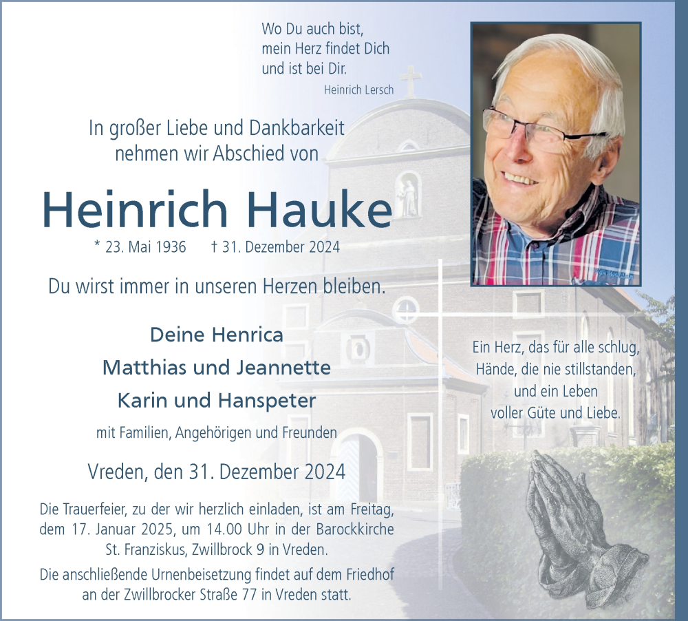  Traueranzeige für Heinrich Hauke vom 08.01.2025 aus Münsterland Zeitung