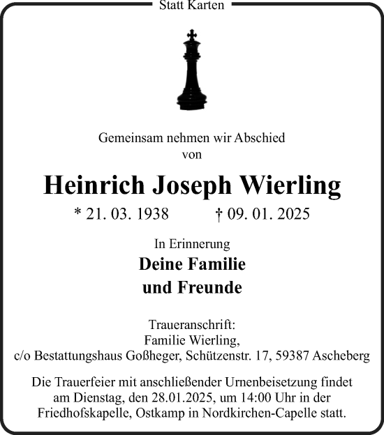 Traueranzeige von Heinrich Joseph Wierling von Ruhr Nachrichten