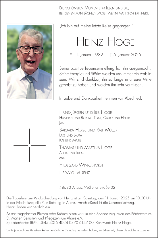 Traueranzeige von Heinz Hoge von Münsterland Zeitung