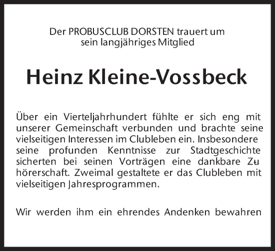 Traueranzeige von Heinz Kleine-Vossbeck von Ruhr Nachrichten und Dorstener Zeitung