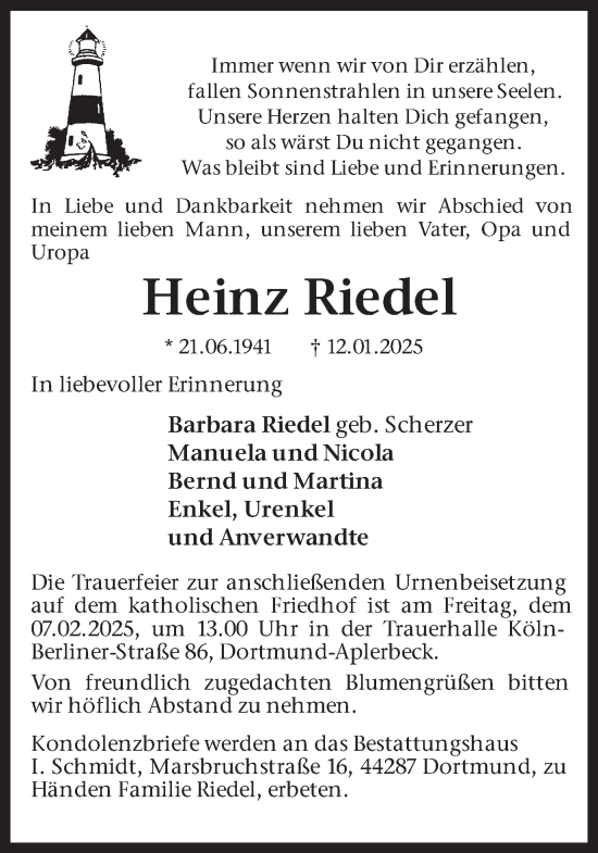 Traueranzeige von Heinz Riedel von Ruhr Nachrichten