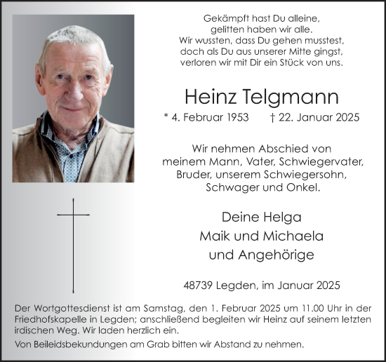 Traueranzeige von Heinz Telgmann von Münsterland Zeitung