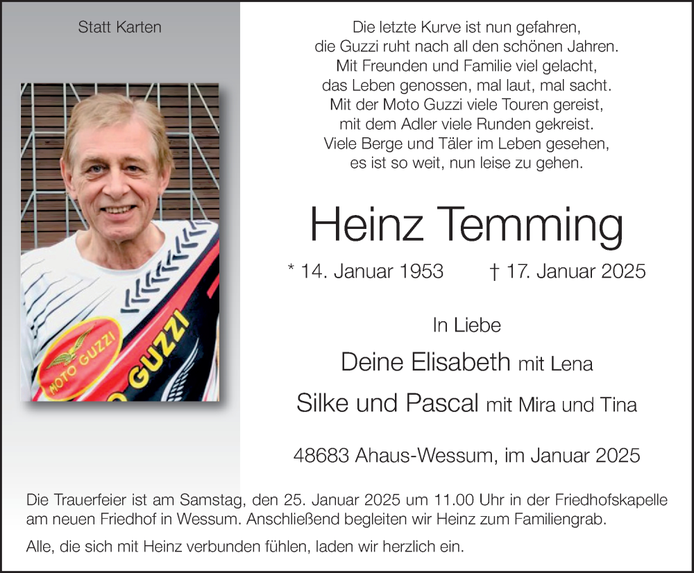  Traueranzeige für Heinz Temming vom 21.01.2025 aus Münsterland Zeitung