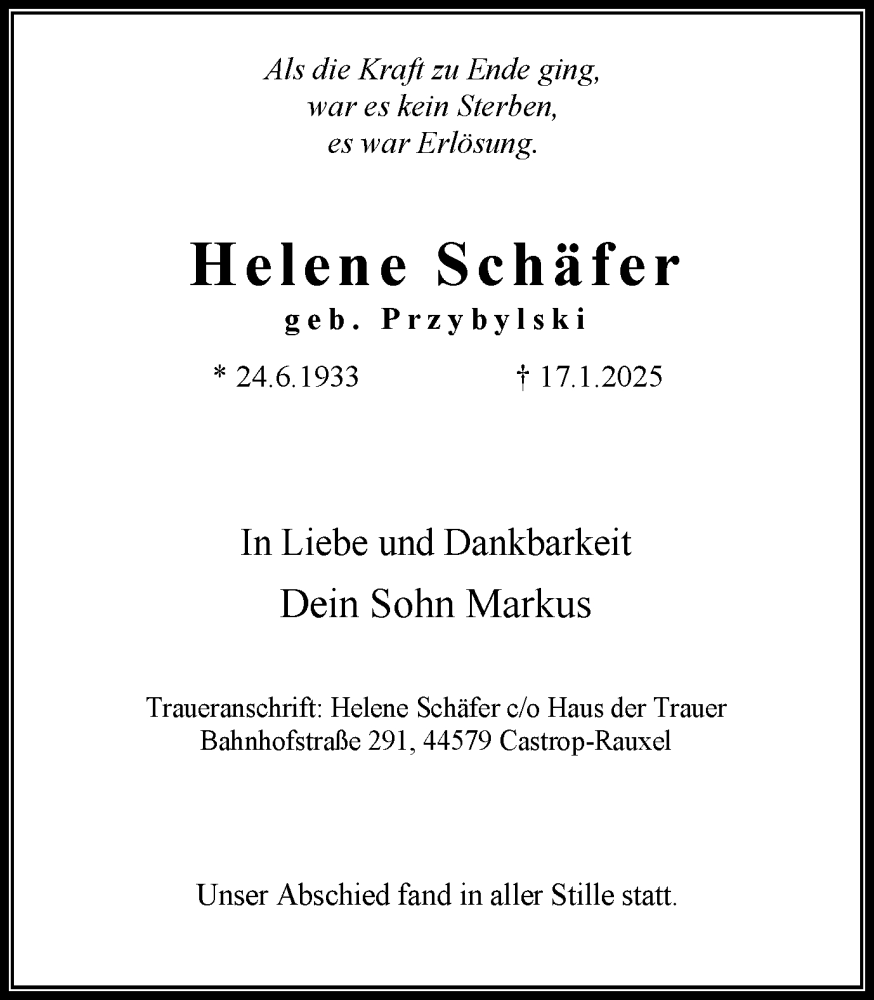  Traueranzeige für Helene Schäfer vom 25.01.2025 aus Stadtanzeiger Castrop-Rauxel