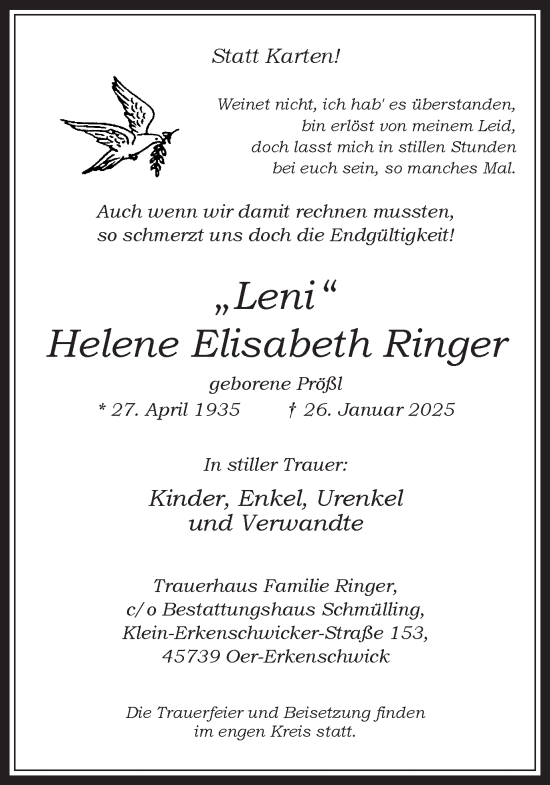 Traueranzeige von Helene Elisabeth Ringer von Trauer Vest
