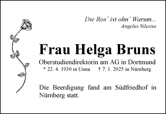 Traueranzeige von Helga Bruns von Hellweger Anzeiger