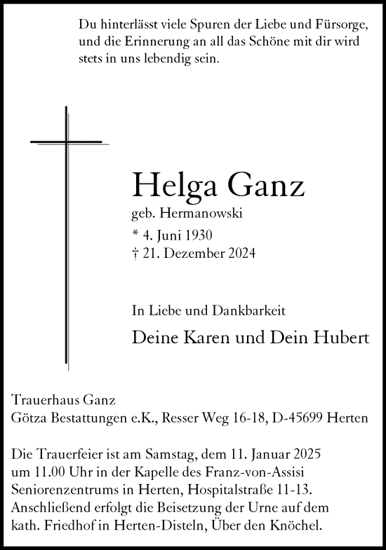 Traueranzeige von Helga Ganz von Trauer Vest