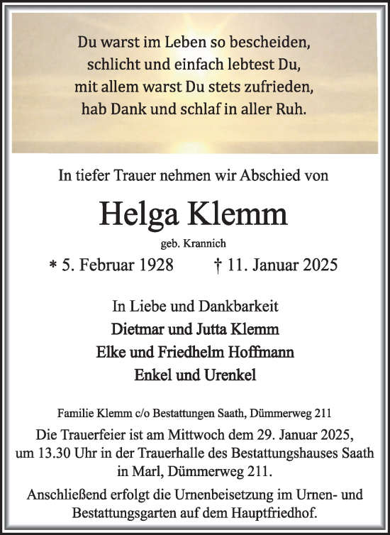 Traueranzeige von Helga Klemm von Trauer Vest