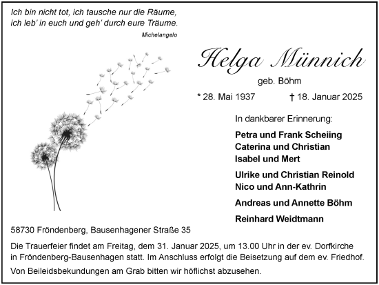 Traueranzeige von Helga Münnich von Hellweger Anzeiger